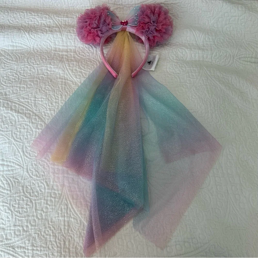 Disney mouse ears headband Pastel Rainbow Tulle Cape with Pom Poms EUC